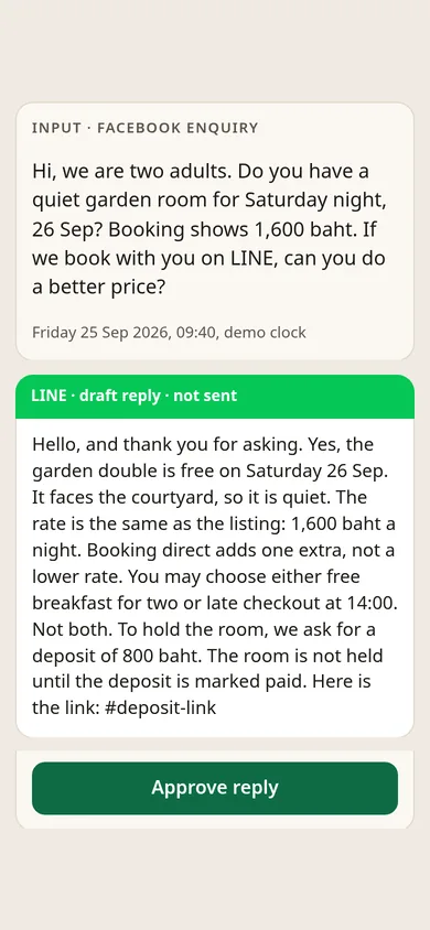 Direct booking desk: a room enquiry, a draft reply, and Approve.
