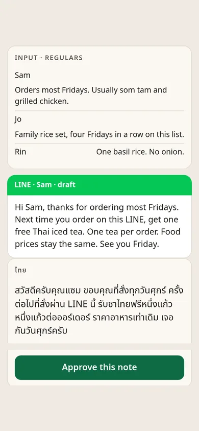 Food, direct: regulars, a draft note, and Approve.