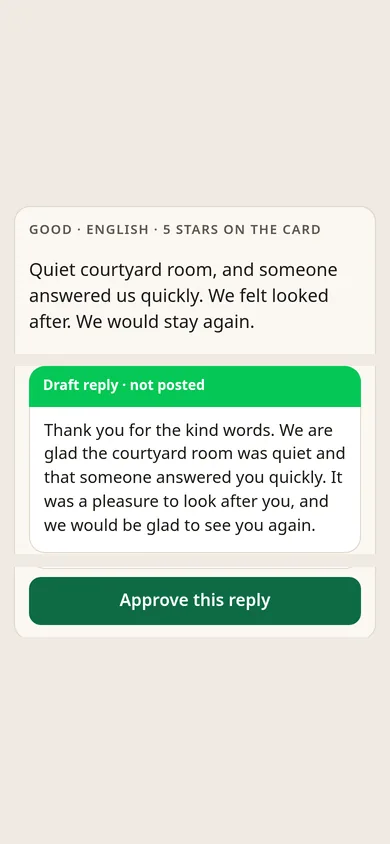 Review replies: a review, a draft reply, and Approve.